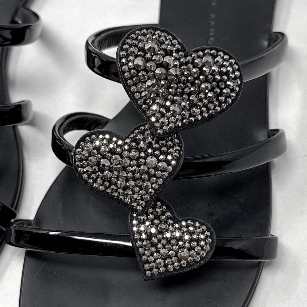 Giuseppe Zanotti Anya Swarovski Crystal Heart Slide Mule Flat Sandals Black 37.5
